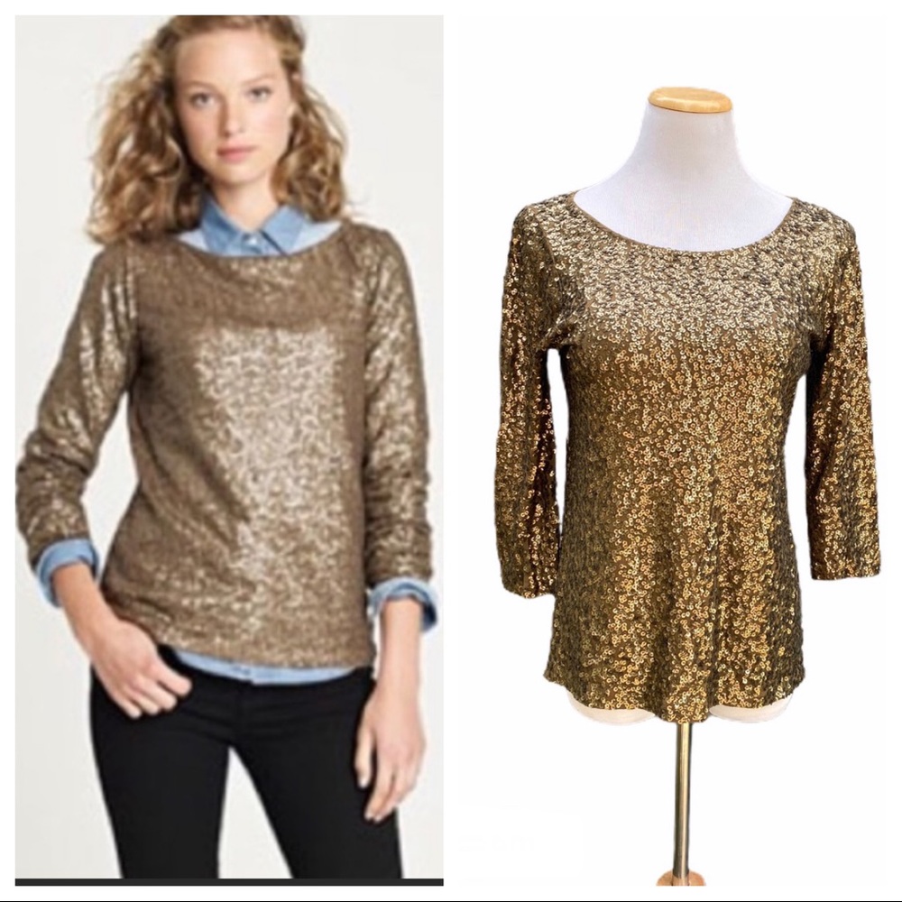 J. Crew Olive Green Sequined 3/4 Sleeve Top